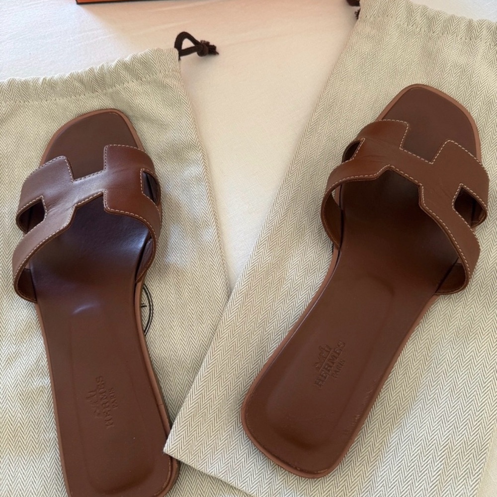 Hermes Brown Leather Oran Slide Sandals